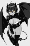  1girl :p agamemega ahoge black_hair breasts buttons cleavage demon_horns demon_tail demon_wings hair_between_eyes highres horns leg_up long_sleeves looking_at_viewer multicolored_hair original short_hair solo streaked_hair tail thick_thighs thigh_gap thighs tongue tongue_out wings yellow_eyes 