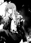  1girl bangs black_jacket black_necktie black_pants black_suit blood blood_on_clothes blood_stain braid chainsaw_man dress_shirt formal greyscale hair_behind_ear hand_on_own_face highres jacket long_sleeves looking_to_the_side makima_(chainsaw_man) medium_hair monochrome monochrome_background naughty_face necktie pants saitou_shiori_(pixiv14549321) shirt sitting smile solo suit suit_jacket two-tone_background white_shirt 