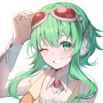  1girl adjusting_goggles arm_up bare_arms bare_shoulders blush collar commentary detached_collar english_commentary fingernails goggles goggles_on_head green_eyes grey_hair grey_headphones grin gumi headphones highres murumuru_(pixiv51689952) one_eye_closed orange_vest portrait red_goggles short_hair_with_long_locks sidelocks simple_background smile solo vest vocaloid white_background white_collar white_wrist_cuffs wing_collar wrist_cuffs 