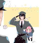  1girl 2boys :&lt; ? ahoge anya_(spy_x_family) awarinko bangs black_gloves black_hair black_necktie blue_coat coat collared_shirt commentary_request female_child fur_trim gloves green_eyes greyscale hat highres military military_hat military_uniform monochrome multiple_boys necktie pink_hair pointing pointing_at_another red_eyes salute shirt spoken_question_mark spy_x_family sweat sweating_profusely uncle_and_niece uniform wing_collar yuri_briar 