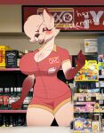  anthro big_breasts blush bottomwear breasts brown_body canid canine clothing female fox foxgumie hi_res mammal oxxo shirt shorts solo spanish_text store text topwear 