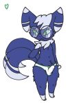  anthro averting_eyes biped blue_body blue_fur bulge clothing detailed_bulge embarrassed eyewear femboy floppy_ears fur generation_6_pokemon genital_outline glasses green_eyes heartear18 hi_res male male_anthro meowstic multi_tail nintendo panties panties_bulge penis_outline pokemon pokemon_(species) round_glasses short_stack small_paws solo tail underwear 