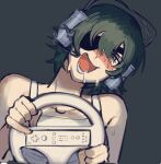  1girl bangs beer_can blush can chainsaw_man drunk eyepatch game_console grey_background hair_over_one_eye headset highres himeno_(chainsaw_man) liowig looking_at_viewer makeshift_headset messy_hair open_mouth short_hair simple_background solo steering_wheel sweat sweatdrop tank_top white_tank_top wii wii_racing_wheel 