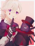  1boy black_cat black_gloves bow bowtie cat finger_to_mouth genshin_impact gloves grey_hair hat highres lyney_(genshin_impact) male_focus mini_hat mini_top_hat nekorin_chu purple_eyes red_bow red_bowtie short_hair shushing smile solo teardrop_facial_mark teardrop_tattoo tongue tongue_out top_hat upper_body 