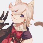  1boy animal_ears black_gloves bow bowtie cat_boy cat_ears cat_tail genshin_impact gloves highres lyney_(genshin_impact) male_focus nekorin_chu purple_eyes red_bow red_bowtie short_hair simple_background solo tail teardrop_facial_mark teardrop_tattoo tongue tongue_out upper_body white_background 
