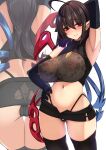  1girl absurdres ahoge arm_behind_head arm_up armpits ass black_hair breasts elbow_gloves from_behind gloves highres houjuu_nue large_breasts long_hair multiple_views navel pointy_ears red_eyes see-through shorts thighhighs thighs touhou yukito_(dreamrider) 