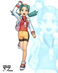  1girl :d absurdres arm_up artist_name eyelashes full_body green_eyes green_hair happy hat highres holding holding_poke_ball jacket kris_(pokemon) leg_up long_hair long_sleeves open_mouth orlek poke_ball poke_ball_(basic) pokemon pokemon_gsc red_shirt shirt shoes shorts smile solo standing standing_on_one_leg teeth twintails upper_teeth_only white_background white_footwear white_jacket yellow_hat yellow_shorts zoom_layer 
