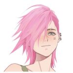  1girl bangs character_name closed_mouth ear_piercing earrings freckles hair_over_one_eye jewelry league_of_legends looking_at_viewer lowres piercing pink_hair portrait short_hair simple_background smile solo vi_(league_of_legends) white_background wuzeirou 