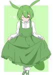  1girl ;3 absurdres animal_ears border bowing buttons cel_shading closed_mouth collared_shirt commentary_request curtsey dress full_body green_background green_dress green_footwear green_hair green_tail hair_between_eyes highres long_hair long_sleeves looking_at_viewer one_eye_closed outside_border partial_commentary pinafore_dress polimaru shirt shoes simple_background skirt_hold sleeveless sleeveless_dress socks solo sparkle standing tail voiceroid voicevox white_border white_shirt white_socks yellow_eyes zundamon 