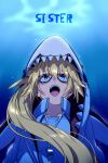  1girl blonde_hair blue_eyes breasts echo_(circa) fate/grand_order fate_(series) high_ponytail jacket jaws_(movie) jeanne_d&#039;arc_(fate) jeanne_d&#039;arc_(swimsuit_archer)_(fate) jeanne_d&#039;arc_(swimsuit_archer)_(second_ascension)_(fate) large_breasts long_hair one-piece_swimsuit open_mouth shark smile solo swimsuit underwater very_long_hair white_jacket white_one-piece_swimsuit 