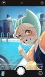  blush city city_background clothing crouching detailed_background domestic_cat felid feline felis female gesture hand_gesture hi_res inflatable looking_at_viewer mammal missing_tooth phone_view pool selfie swimming_cap swimming_pool swimwear unknown_artist v_sign water_wings yellow_eyes young 