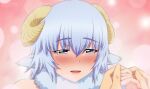  1girl animal_ears bangs blue_eyes blue_hair blush breasts english_commentary holding_hands horns light_blue_hair looking_at_viewer merino_(monster_musume) monster_musume_no_iru_nichijou neck_fur nose_blush open_mouth pink_background portrait sheep_ears sheep_girl sheep_horns short_hair smile solo_focus von-cx 