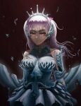  1girl armor black_clover blue_armor breasts crack dark_background grey_hair highres hydrokinesis large_breasts lewdazon liquid_clothes long_hair looking_at_viewer noelle_silva parted_lips purple_eyes solo tiara twintails twitter_username valkyrie water water_wings 