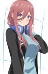  1girl black_jacket blazer blue_eyes blue_vest blush breasts brown_hair closed_mouth dars_(recolors) go-toubun_no_hanayome hand_up headphones headphones_around_neck highres jacket large_breasts long_hair looking_at_viewer nakano_miku sidelocks smile solo upper_body vest 
