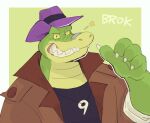  2022 alligator alligatorid anthro biped brok_(character) brok_the_investigator clothing crocodilian green_body hat headgear headwear hi_res humanoid_hands k0bit0wani portrait reptile scalie shirt solo topwear video_games 