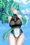  1girl absurdres bangs breasts chest_jewel earrings green_eyes green_hair headpiece highres jewelry langspower large_breasts long_hair navel pneuma_(xenoblade) ponytail solo swept_bangs swimsuit tiara very_long_hair xenoblade_chronicles_(series) xenoblade_chronicles_2 