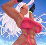 1girl abs animal_ears armpits artist_name bangs bare_shoulders black_gloves boku_no_hero_academia breasts bunny_pose cleavage_cutout clothing_cutout dark-skinned_female dark_skin floating_hair gabriel_carrasquillo gloves green_wristband instagram_logo large_breasts long_eyelashes long_hair looking_at_viewer mirko muscular muscular_female navel parted_bangs pink_one-piece_swimsuit pink_wristband polka_dot polka_dot_background rabbit_ears rabbit_girl red_eyes skindentation smile solo stomach_cutout swimsuit twitter_logo twitter_username upper_body very_long_hair white_hair 