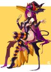  1girl bangs breasts demon_horns demon_tail demon_wings fate/grand_order fate_(series) hair_between_eyes halloween_costume hat highres horns large_breasts long_hair looking_at_viewer okitakung one_eye_closed purple_hair red_eyes scathach_(fate) smile solo tail wings witch_hat 
