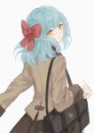  1girl :o bag bangs bow brown_bag brown_jacket brown_skirt bu_jie_cha copyright_request green_hair hair_bow highres jacket large_bow long_sleeves looking_at_viewer looking_back orange_eyes pleated_skirt red_bow school_uniform shiny shiny_hair shoulder_bag skirt solo 