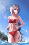  1girl absurdres animal_ears arknights bandeau bangs bare_shoulders bikini blue_sky commentary day grey_eyes grey_hair highres lappland_(arknights) lens_flare long_hair looking_at_viewer messy_hair navel oripathy_lesion_(arknights) red_bikini scar scar_on_cheek scar_on_face sky solo standing stomach strapless swimsuit tflop_(tea_flop) thighs tube_top very_long_hair wading water wolf_ears 