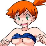  1girl bangs bare_shoulders bikini blue_bikini blush breasts collarbone commentary_request constricted_pupils embarrassed gomatarou_(pixiv196136) green_eyes hair_tie hands_up jaggy_lines looking_down lowres misty_(pokemon) nipple_slip nipples open_mouth orange_hair pokemon pokemon_(anime) pokemon_sm_(anime) short_hair side_ponytail simple_background small_breasts solo strapless strapless_bikini surprised sweat swimsuit upper_body v-shaped_eyebrows wardrobe_malfunction wavy_mouth white_background wide-eyed 