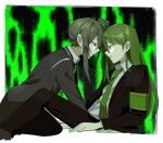  2boys armband bags_under_eyes black_coat black_jacket black_pants brown_eyes censored coat collared_shirt dual_persona eye_contact feet_out_of_frame from_side green_hair green_necktie hair_between_eyes hair_bun highres jacket library_of_ruina lobotomy_corporation long_hair looking_at_another male_focus mosaic_censoring mu46016419 multiple_boys necktie netzach_(project_moon) outside_border pants parted_lips profile project_moon shirt single_side_bun straddling sweat sweatdrop white_shirt 
