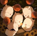  animal animal_focus baby bat_wings closed_eyes commentary english_commentary final_fantasy flower flying foliage full_body glaa_da glowing hands_up highres holding holding_animal moogle night no_humans outdoors sunflower swaddled whiskers white_fur wings 