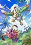  anthro bandai_namco beak digimon digimon_(species) duo elemental_creature feathers feral flora_fauna flying green_body green_eyes green_feathers hi_res kou_glass_seed male mask palm_tree pink_body plant pomumon pteromon purple_eyes running tree wings 