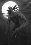  antlers artist_name bloodborne claws cleric_beast cloud full_body fur greyscale highres house monochrome monster moon night no_humans open_mouth outdoors sharp_teeth skull standing teeth tripdancer 