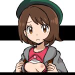  1girl backpack bag bangs beret blush breasts brown_eyes brown_hair buttons cardigan closed_mouth clothes_lift collarbone collared_dress commentary_request dress gloria_(pokemon) gomatarou_(pixiv196136) green_headwear grey_cardigan hands_up hat jaggy_lines light_blush looking_at_viewer lowres nipples no_bra one_breast_out open_cardigan open_clothes open_dress pink_dress pokemon pokemon_(game) pokemon_swsh raised_eyebrows shiny shiny_hair shirt shirt_lift short_hair sidelocks small_breasts solo split_depth swept_bangs textless_version upper_body white_background white_shirt 