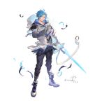  1boy absurdres blue_hair dated english_commentary falling_feathers feathers full_body green_eyes gunblade highres holding holding_sword holding_weapon holostars holostars_english hood hoodie jacket layered_sleeves long_sleeves looking_at_viewer male_focus regis_altare rm-parfait short_hair short_over_long_sleeves short_sleeves signature smile standing sword twitter_username virtual_youtuber weapon white_background 