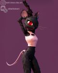  3d_(artwork) absurd_res anthro arms_back black_body black_fur bufflovestheart camille_(fortnite) cheek_tuft chest_tuft clothed clothing digital_media_(artwork) ear_piercing ear_ring epic_games facial_tuft female fortnite fortnite:_battle_royale fur hands_behind_head hi_res looking_at_viewer mammal mouse murid murine open_mouth piercing pink_background pink_nose pink_tail raised_tail rat red_eyes ring_piercing rodent seductive simple_background smile solo tail teeth tuft upscale whiskers 