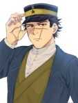  1boy brown_eyes brown_hair expressionless golden_kamuy hand_up hat highres kepi looking_at_viewer male_focus military_hat ri_(ri_kaos21) scar scar_on_cheek scar_on_face scar_on_mouth scar_on_nose short_hair solo sugimoto_saichi upper_body 