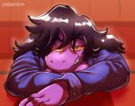  anthro clothed clothing deltarune female freckles fully_clothed hair half-closed_eyes hi_res jacket leaning leaning_forward messy_hair narrowed_eyes purple_body purple_scales reptile scales scalie sharp_teeth smile solo susie_(deltarune) teeth thedarkzircon topwear undertale_(series) video_games yellow_eyes 
