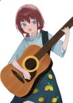  1girl absurdres acoustic_guitar black_skirt blue_eyes blue_shirt commentary cowboy_shot girls_band_cry guitar hashtag-only_commentary highres holding holding_guitar holding_instrument instrument iseri_nina lemon_print lizard0221 open_mouth print_skirt red_hair shirt short_sleeves short_twintails simple_background skirt solo twintails white_background 