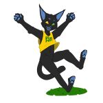  1:1 absurd_res anthro biped black_body black_fur blue_nose blue_pawpads bombom_(brasil_furfest) bottomless bottomless_anthro bottomless_male brasil_furfest brazil brazilian clothed clothing domestic_cat fangs felid feline felis fur fur_tuft green_eyes heterochromia hi_res male mammal nyasu_nee pawpads solo text text_on_clothing text_on_topwear topwear tuft yellow_clothing yellow_eyes yellow_topwear 