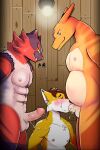  abs anthro balls being_watched belly blue_eyes blush bodily_fluids canid canine charizard chest_tuft cum cum_in_mouth cum_inside cum_on_body erection faydee fellatio fox generation_1_pokemon generation_7_pokemon genital_fluids genitals glans group hi_res incineroar looking_at_another male male/male mammal nintendo nude oral oral_penetration pecs penetration penile penis pokemon pokemon_(species) sex smile thiagoefrancesco trio tuft vein voyeur whitebearefox 