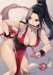  1girl absurdres bare_shoulders black_hair breasts brown_eyes cleavage collarbone dress fatal_fury high_ponytail highres kagematsuri large_breasts long_hair looking_to_the_side mouth_hold parted_bangs pelvic_curtain ponytail red_dress sash shiranui_mai short_dress sidelocks solo the_king_of_fighters thighs 