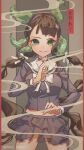  1girl absurdres artist_name bangs bow bowtie breasts brown_background brown_hair buttons chabashira_tenko commentary_request cowboy_shot danganronpa_(series) danganronpa_v3:_killing_harmony double-breasted green_eyes green_hairband hair_ribbon hairband highres large_breasts layered_skirt long_hair long_sleeves narudo_(urhv8357) pink_hairband ribbon sailor_collar skirt solo standing translation_request white_bow white_bowtie white_ribbon white_sailor_collar 