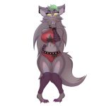  anthro armwear breasts canid canine canis clothing female five_nights_at_freddy&#039;s five_nights_at_freddy&#039;s:_security_breach foxgumie green_hair grey_body hair hi_res mammal navel panties roxanne_wolf scottgames shirt simple_background solo steel_wool_studios topwear underwear white_background wolf yellow_eyes 