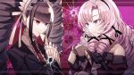  2girls bangs black_gloves black_hairband black_jacket black_ribbon blood blood_splatter brown_hair card celestia_ludenberg center_frills collared_shirt danganronpa:_trigger_happy_havoc danganronpa_(series) drill_hair earrings eye_contact frills gloves grey_hair gun hair_ribbon hairband hand_up handgun highres holding holding_card holding_gun holding_weapon hyakumantenbara_salome jacket jewelry long_hair long_sleeves looking_at_another multiple_girls necktie nijisanji pink_blood pink_eyes red_background red_eyes red_necktie ribbon shirt shityu smile tress_ribbon twin_drills twintails upper_body virtual_youtuber weapon white_shirt 