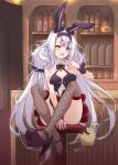  1girl :d absurdres alternate_breast_size animal_ears azur_lane bar_(place) bar_stool between_legs black_bow black_bowtie black_hairband blush bow bowtie breast_rest breasts crop_top crossed_ankles detached_collar eyeshadow fishnet_thighhighs fishnets full_body hair_between_eyes hairband hand_between_legs hand_to_own_mouth hand_up happy high_heels highres indoors knees_apart_feet_together knees_up legs legs_up long_hair looking_at_viewer makeup medium_breasts messy_hair mikuchi3939 miniskirt on_stool pleated_skirt rabbit_ears red_eyeshadow revealing_clothes shimakaze_(azur_lane) shimakaze_(world&#039;s_speediest_bunny_waitress)_(azur_lane) skirt sleeveless smile solo stool teeth thighhighs thighs twintails upper_teeth_only very_long_hair white_hair yellow_eyes 