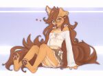  2024 4_toes anthro apogee_(tinygaypirate) blue_background breasts brown_body brown_fur brown_hair canid canine canis clothed clothing digital_drawing_(artwork) digital_media_(artwork) domestic_dog feet female floppy_ears fully_clothed fur hair heart_symbol hi_res mammal midriff navel pawpads simple_background sitting solo toes yshanii 