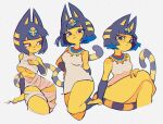  2024 angry animal_crossing ankha_(animal_crossing) annoyed anthro blue_eyes blue_hair bob_cut breasts clothed clothing crossed_legs digital_media_(artwork) domestic_cat embarrassed felid feline felis female hair lenny-chi looking_at_viewer looking_away mammal markings model_sheet mummy_wrappings nintendo short_hair simple_background sitting smug solo solo_focus tail tail_markings under_boob 