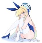  1girl animal_ears blonde_hair blue_archive blue_bow blue_eyes blue_footwear blue_hair blue_hairband blue_leotard blush bow braid closed_mouth commentary fake_animal_ears full_body hair_bow hair_intakes hairband halo high_heels hugging_own_legs knees_up kujou_karasuma leotard looking_at_viewer multicolored_hair rabbit_ears shadow shoes simple_background single_shoe sitting solo streaked_hair thighhighs toki_(blue_archive) toki_(bunny)_(blue_archive) white_background white_thighhighs 
