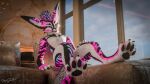  16:9 3d_(artwork) anthro barefoot blender_(artwork) blender_cycles claws digital_media_(artwork) feathers feet foot_focus fur hi_res looking_at_viewer male mammal mrgaleo pawpads paws pink_body pink_fur rexouium smile solo tail toe_claws toes white_body widescreen 