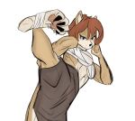  absurd_res anthro bandage blue_eyes bottomwear brown_hair capngoku claws clothing felid feline female fist frown hair hi_res kick mammal muscular pawpads paws scowl shorts solo tan_body unknown_character 