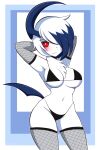  2:3 absol alichu anthro blush breasts clothed clothing female generation_3_pokemon hands_behind_head hi_res looking_at_viewer nintendo pokemon pokemon_(species) pokemorph red_eyes solo video_games white_body 