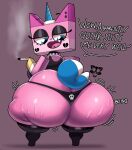  alternative_fashion anthro big_butt blue_eyes breasts butt cigarette clothing domestic_cat english_text felid feline felis female goth hi_res horn huge_butt lego mammal pink_body smoking solo text the_lego_movie thedeathcrow05 thick_thighs thong underwear unikitty 