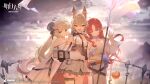  3girls animal_ears apple arknights artist_request bangs bare_shoulders blonde_hair blurry blurry_background breeze_(arknights) cellphone character_request closed_mouth cloud cloudy_sky cowboy_shot detached_sleeves dress expressionless fence food frilled_dress frills fruit green_eyes grey_sky hair_over_shoulder highres holding holding_phone long_hair long_sleeves multiple_girls myrtle_(arknights) nightingale_(arknights) official_art open_mouth parted_bangs phone pleated_skirt red_hair selfie shirt sidelocks skirt sky sleeveless sleeveless_shirt smartphone smile sunlight thighlet waving white_dress white_shirt white_skirt yellow_eyes 